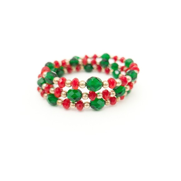 Vintage Red & Green Glass Bead Coil Bracelet Holiday Jewelry Gold Tone Beads - Picture 2 of 5